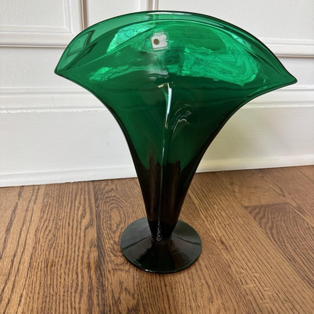 Blenko‎ Handmade Art Glass Fan Vase Emerald Green Vintage Mid Century Modern MCM